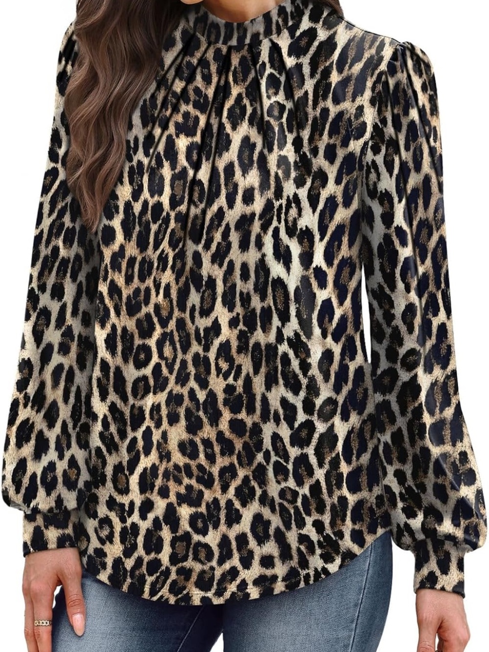 Women's Leopard Print Mock Neck Blouse - Beige/Black - Picture 3 of 4